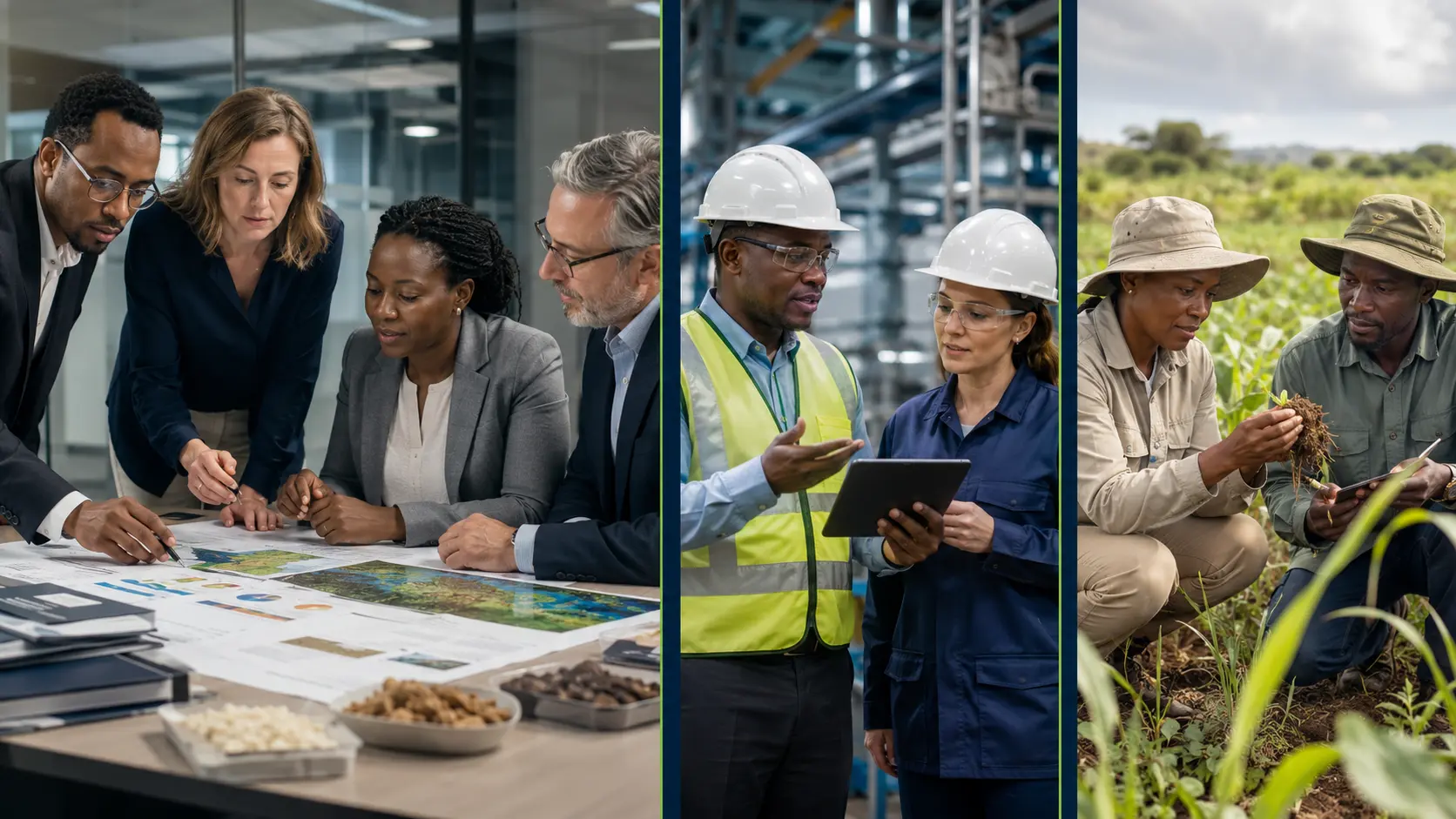 Policy research, industrial assessment and sustainability field evidence in a professional editorial triptych