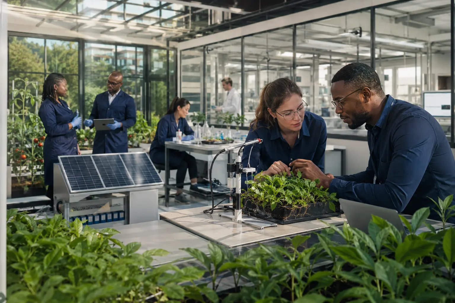 Scientists developing climate and biotechnology solutions in a modern glasshouse