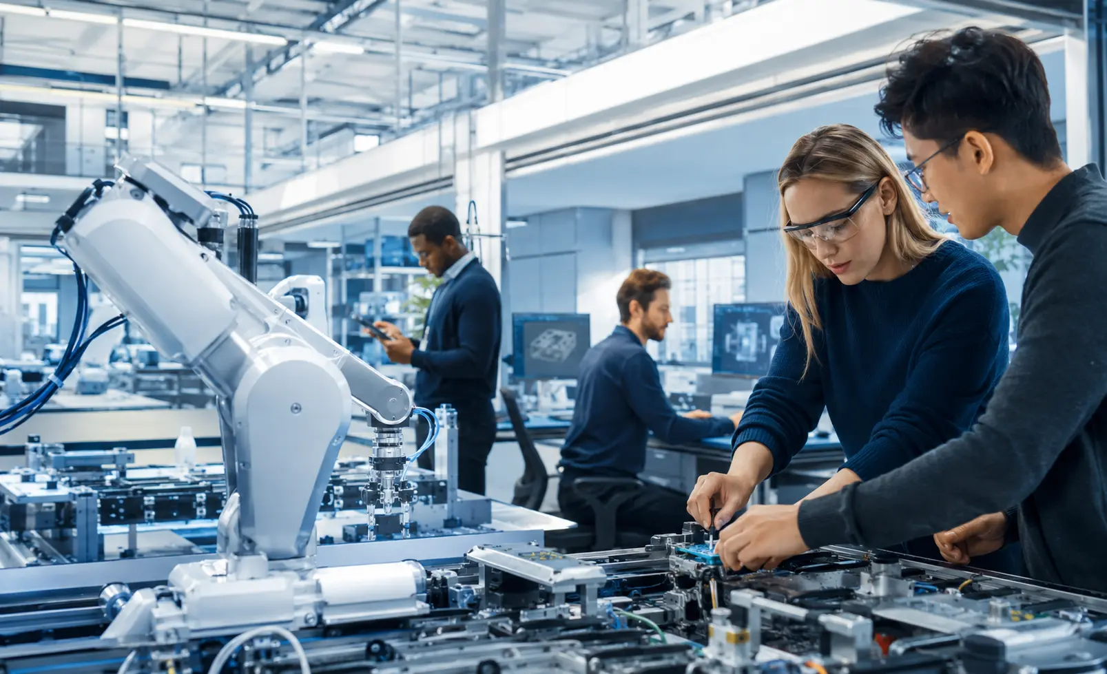 Engineers working with advanced robotics in an innovation laboratory